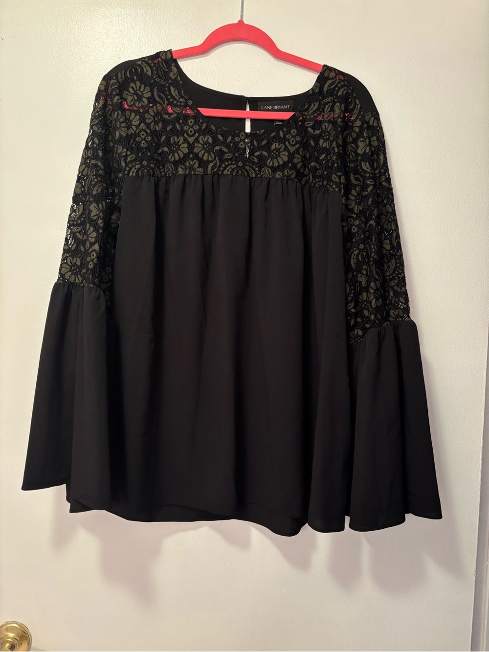 Lane Bryant Black and Army Green Lace Yoke Bell Sleeve Top. Size 18